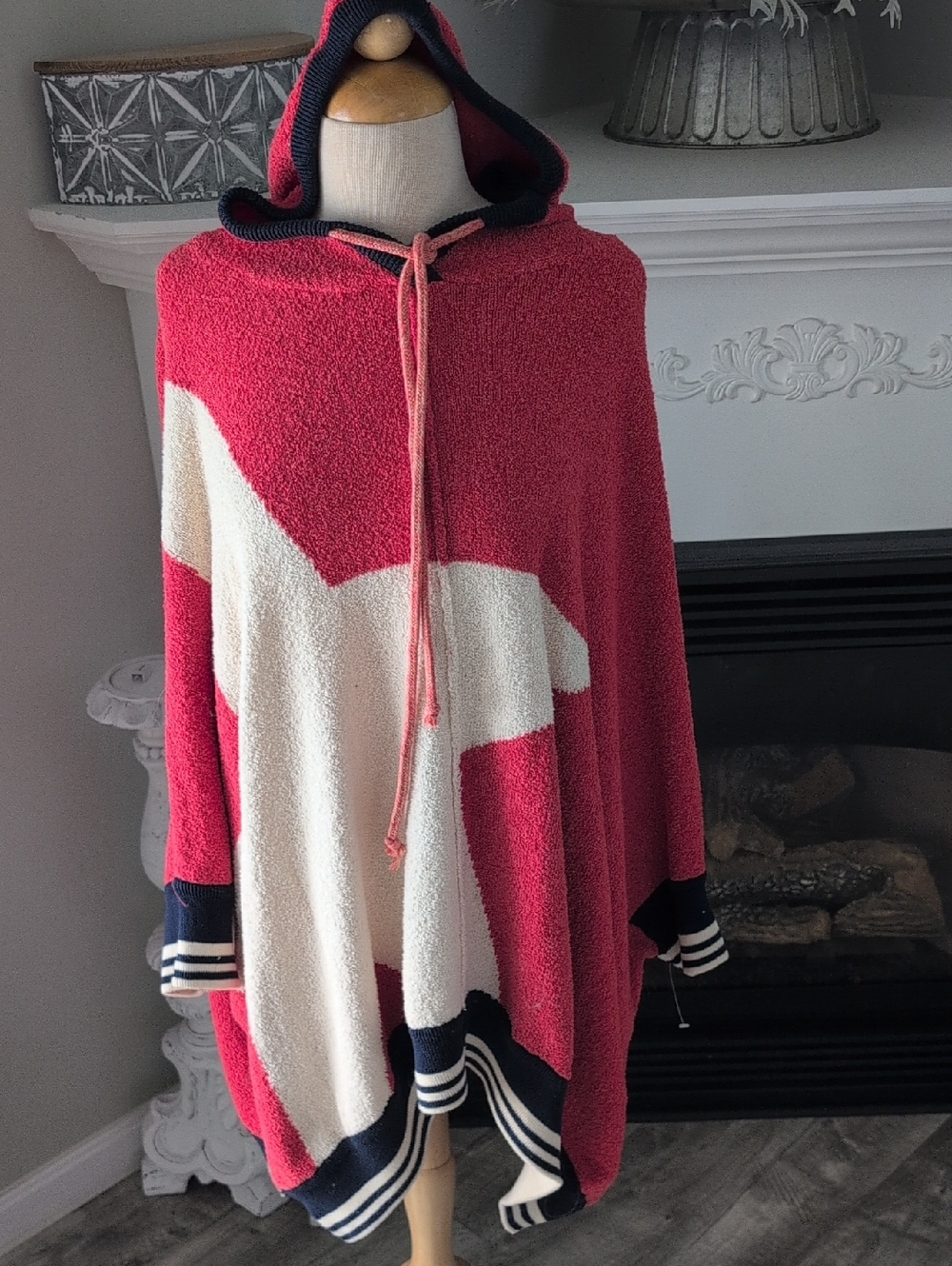 Free People Hooded Colorblock Poncho With Star in Burnt Orange, Cream & Navy
